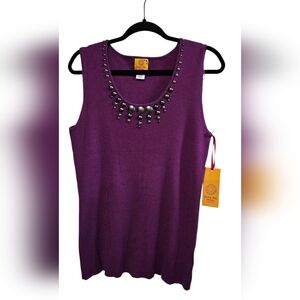 Ruby Rd. A Flare Vintage Purple Black Scoop Neck Embellished Women's Ribbed Top